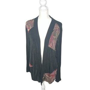 Mirasol Open Front Cardigan‎ Paisley Print Trim Lightweight Black XL